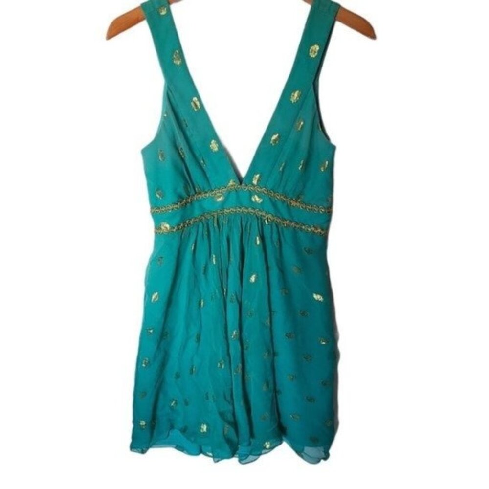 Milly Dress Green Silk‎ Gold V-Neck Empire Waist 8